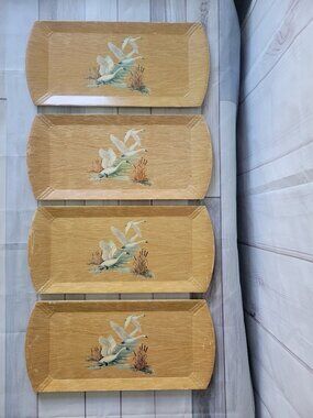 Vintage MCM Coronet Haskelite Lithograph Paper TV Trays w/ Swans, Lot of 4 wood